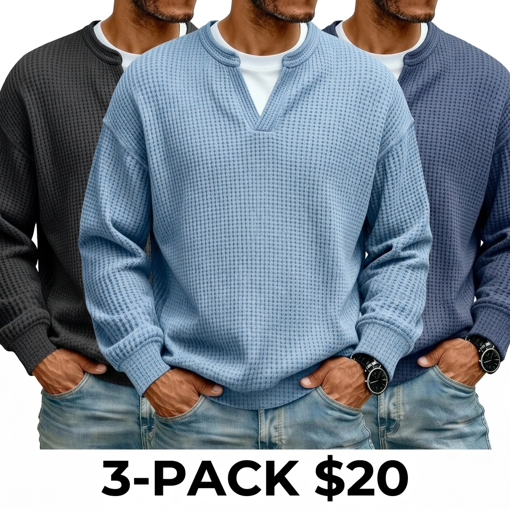 Men's 3D Checkered Waffle Knit Henley Polo Shirt – Breathable Soft Long Sleeve Loose Fit Top