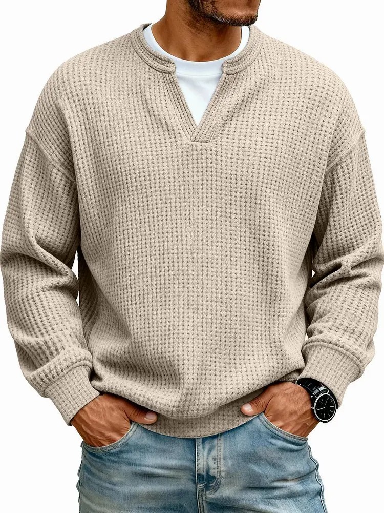 Men's 3D Checkered Waffle Knit Henley Polo Shirt – Breathable Soft Long Sleeve Loose Fit Top