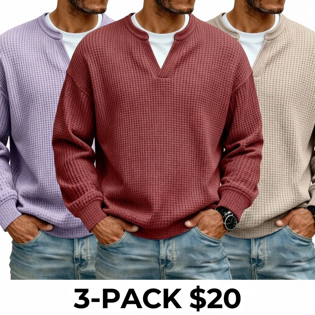 Men's 3D Checkered Waffle Knit Henley Polo Shirt – Breathable Soft Long Sleeve Loose Fit Top