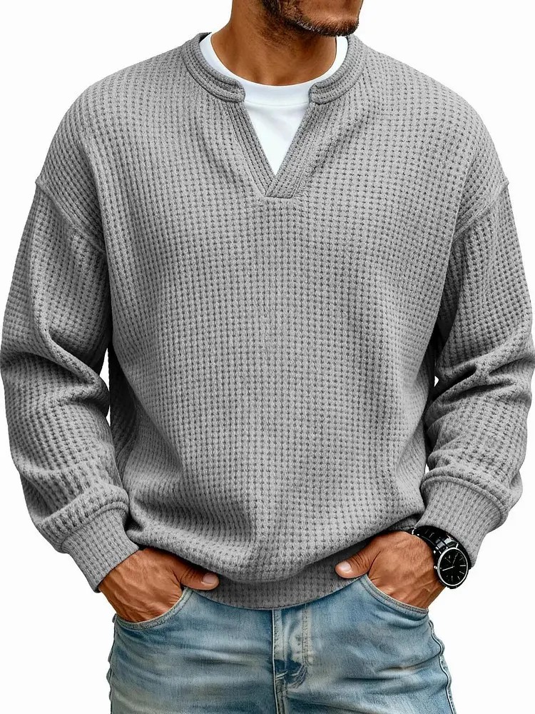 Men's 3D Checkered Waffle Knit Henley Polo Shirt – Breathable Soft Long Sleeve Loose Fit Top