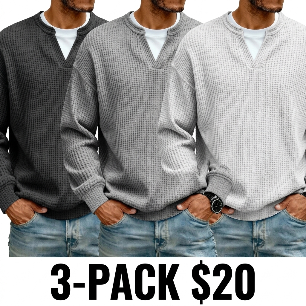 Men's 3D Checkered Waffle Knit Henley Polo Shirt – Breathable Soft Long Sleeve Loose Fit Top