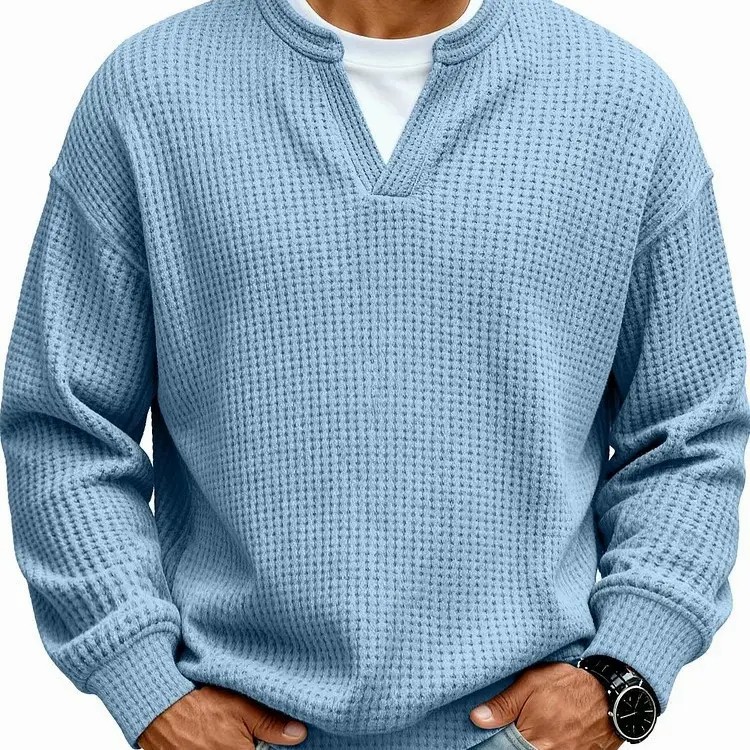 Men's 3D Checkered Waffle Knit Henley Polo Shirt – Breathable Soft Long Sleeve Loose Fit Top