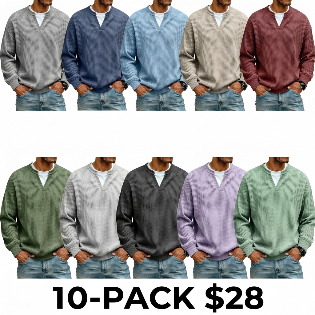 Men's 3D Checkered Waffle Knit Henley Polo Shirt – Breathable Soft Long Sleeve Loose Fit Top