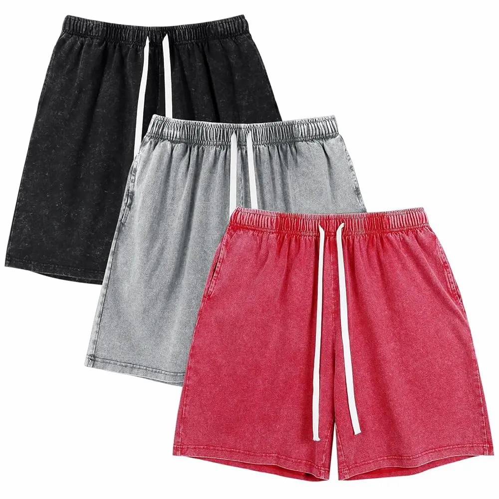 Unisex Acid Wash Cotton Sweat Shorts – Elastic Waist Drawstring Athletic Bottoms with Pockets