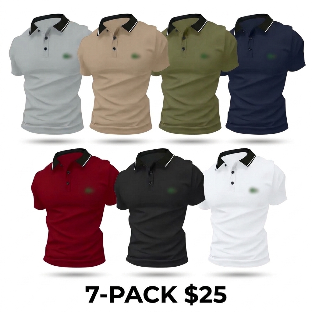 Men's 7-Pack Animal Print Polo Shirts – Stretch Polyester Summer Tops with Button Placket & Collar