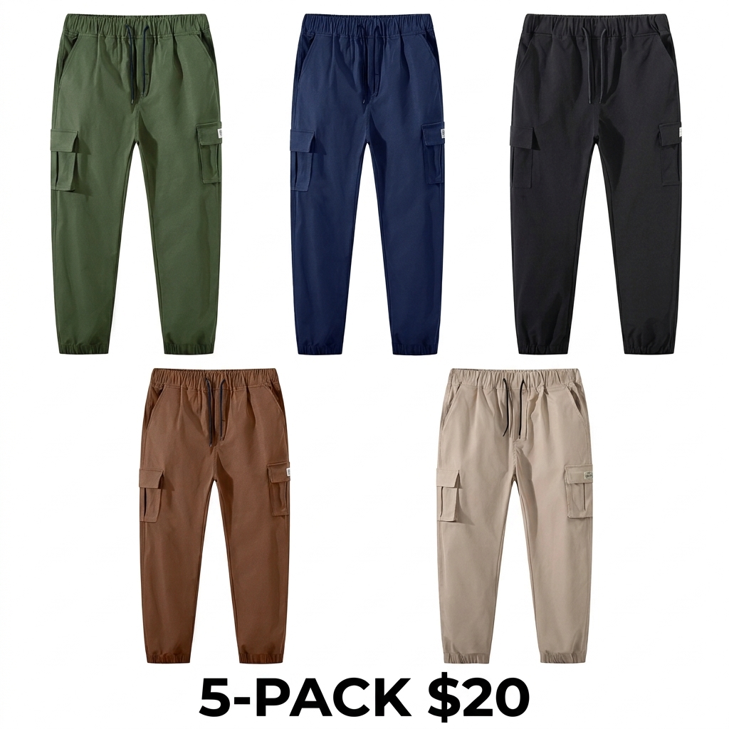 Men's 5-Pack Multi-Pocket Cargo Jogger Pants – Slim Fit, Tapered Leg, Casual Streetwear
