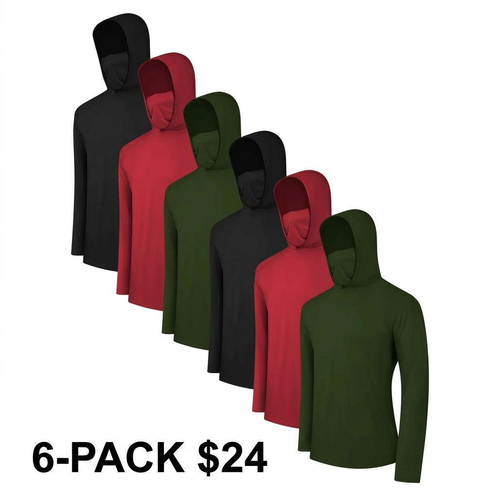 Men's 6-Pack Lightweight Hoodies – UPF Sun Protection, Quick Dry, Breathable, with Face Mask