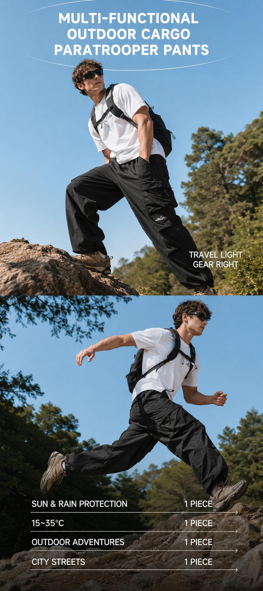Unisex Baggy Cargo Parachute Pants, Lightweight Water-Resistant Outdoor Hiking Trousers, Loose-Fit Gorpcore Streetwear Pants for Men & Women Casual Elastic Waist Black
