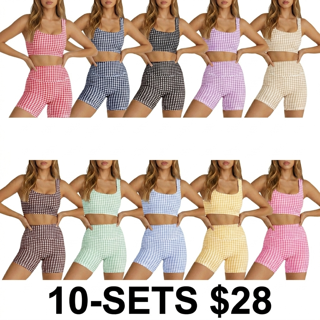 Women's 2-Piece Athleisure Set – Padded Open Back Gingham Crop Tank & High Waisted Seamless Shorts
