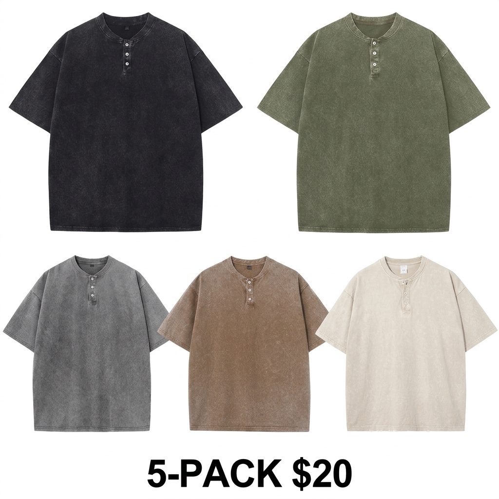 Men's 5-Pack Acid Wash Henley Shirts – Oversized Cotton Vintage Streetwear Tees