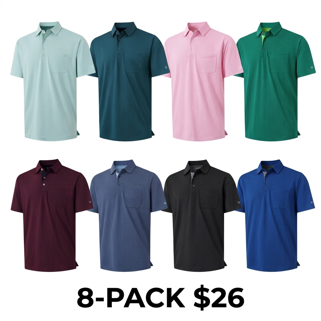 Men's Jacquard Polo Shirt with Pocket – Dry Fit Moisture-Wicking Performance Short Sleeve Golf Top