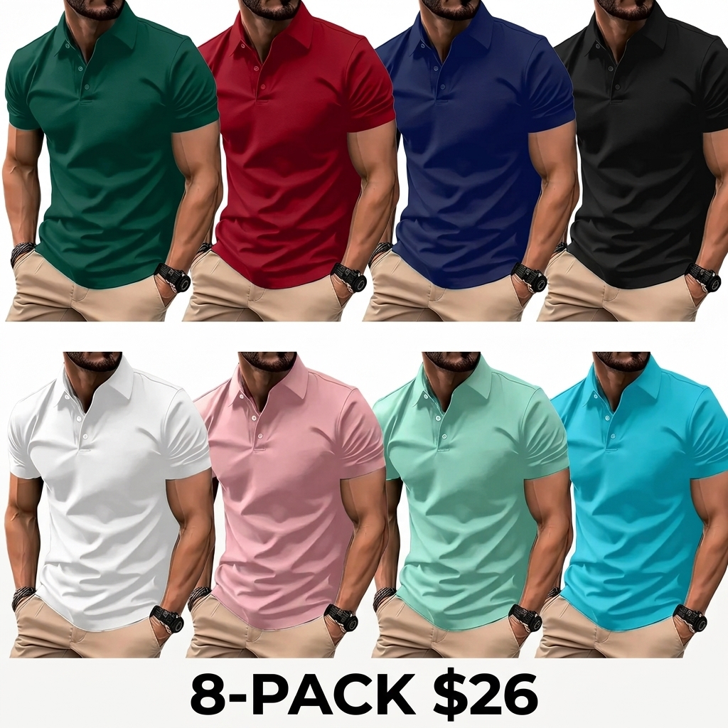Men's 8-Pack Multicolor Polo Shirts – Slim Fit Short Sleeve Casual Business Wear