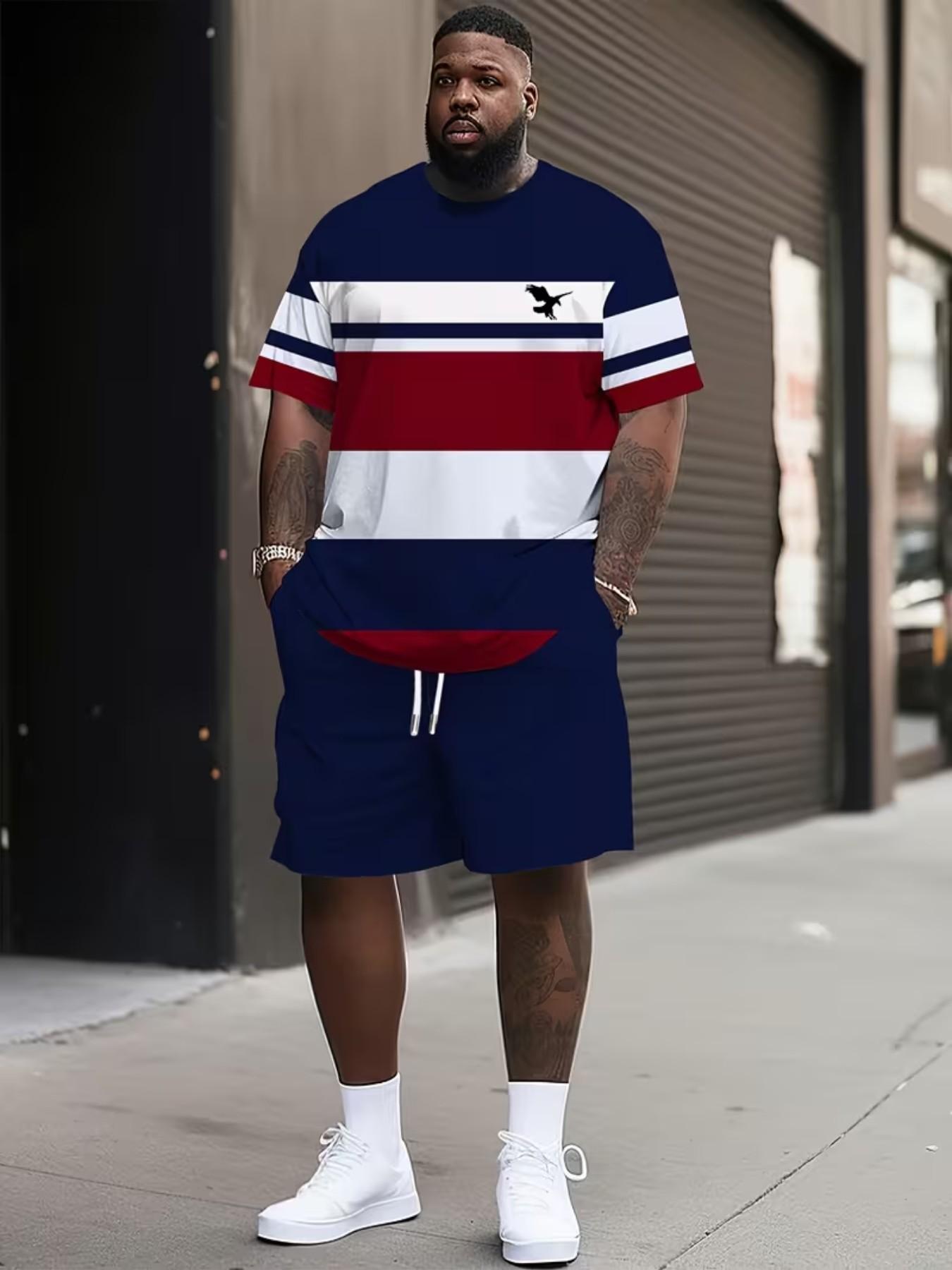 Men's Summer Casual Sportswear Set, Breathable 3D Print Round Neck T-Shirt and Shorts, Knitted Fabric, Loose Fit, Outdoor Leisure Wear, Sporty Style, Casual Activewear, Athleisure Street Fit
