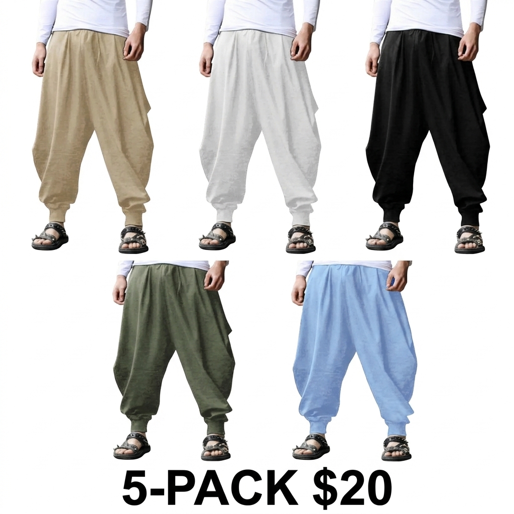 Men's Linen Harem Pants – Baggy Boho Yoga Drop Crotch Trousers with Pockets