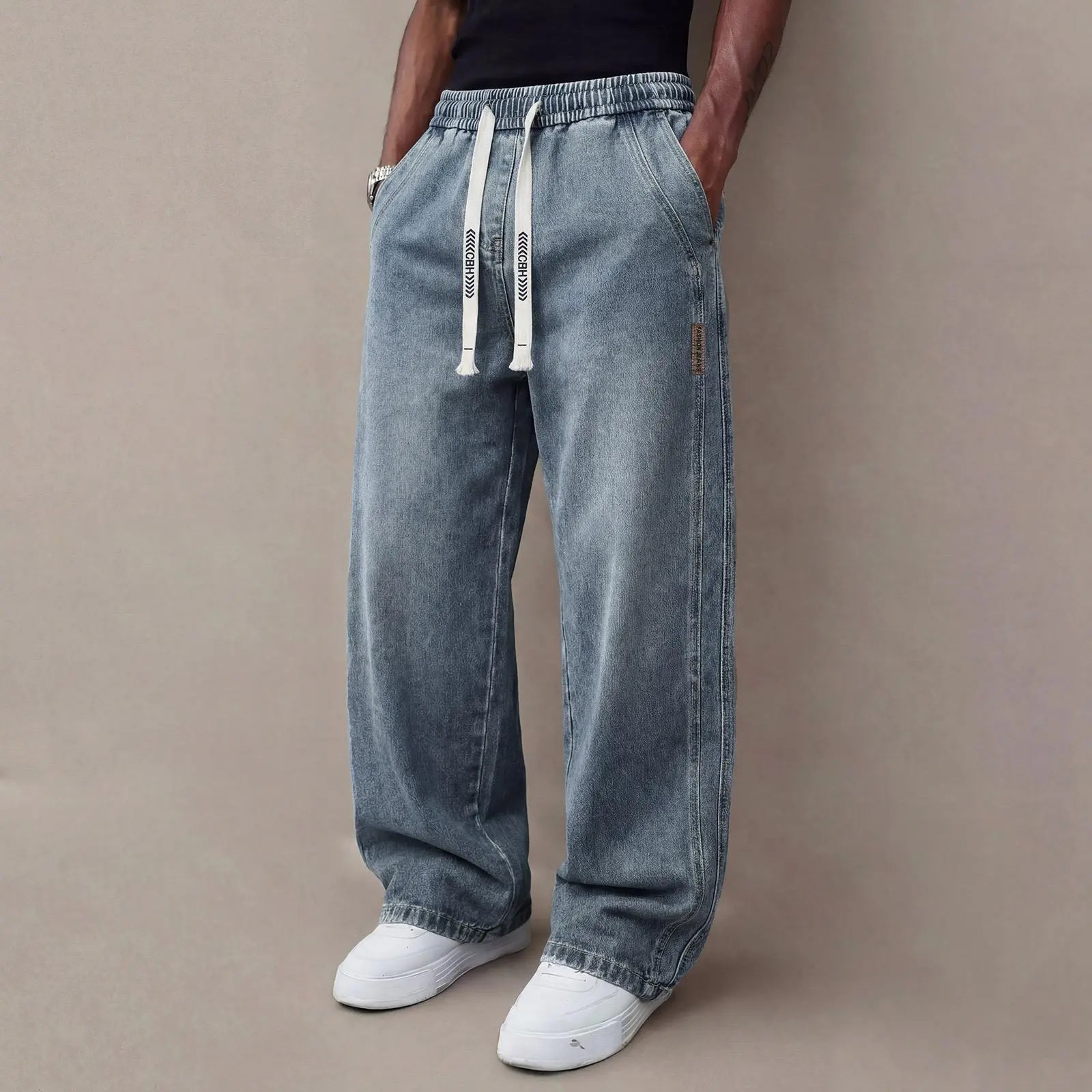 Men's Stretch Denim Jeans – Vintage Washed Straight Leg with Drawstring Waist