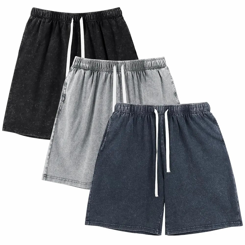 Unisex Acid Wash Cotton Sweat Shorts – Elastic Waist Drawstring Athletic Bottoms with Pockets