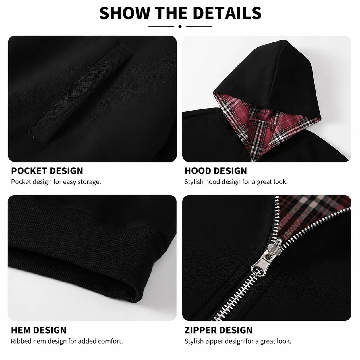 Unisex cotton-blend reversible hooded set, plaid hoodie jacket worn two ways + casual long pants, with pocket design, comfortable casual street-style two-piece set.