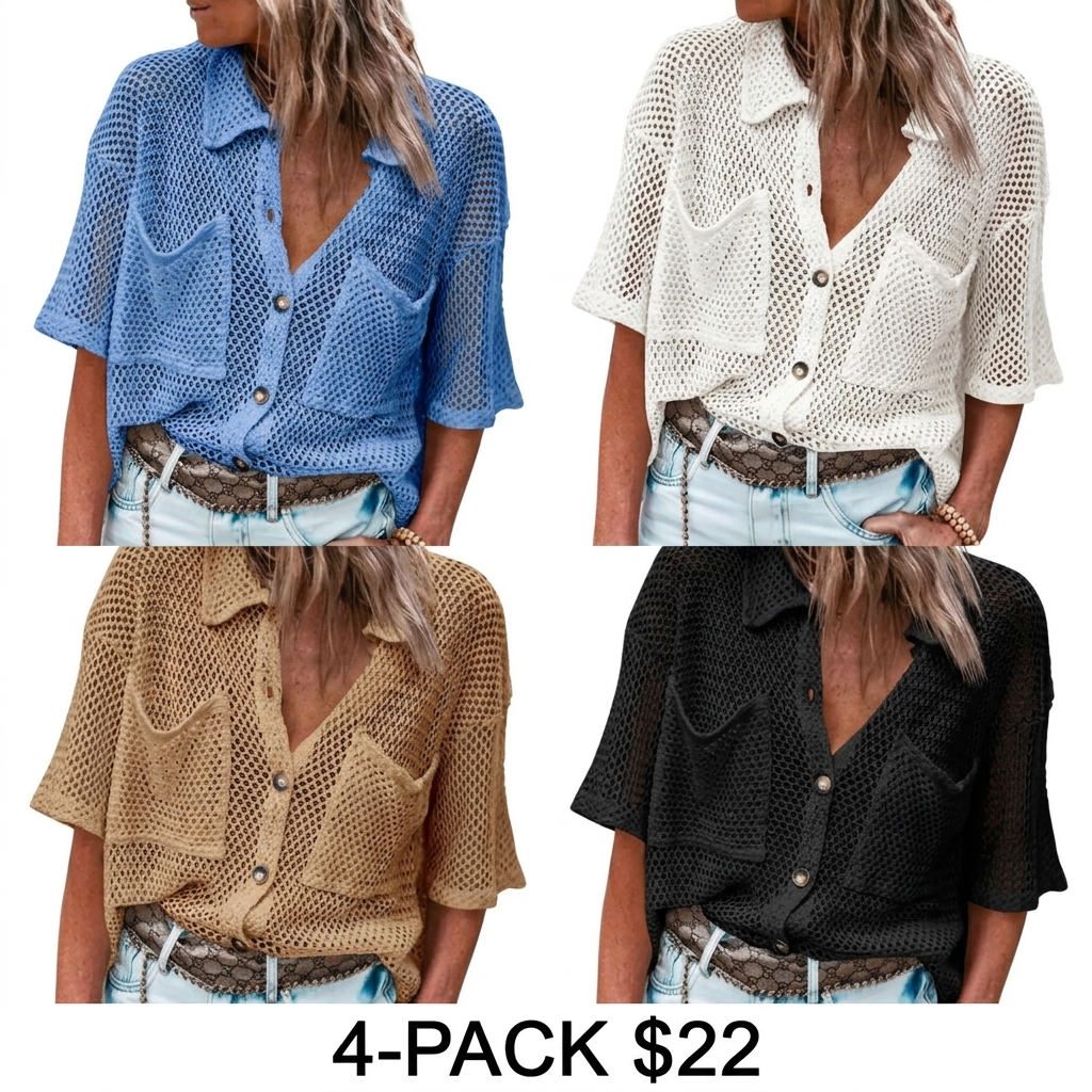 Women's Crochet Lightweight Cardigan – Short Sleeve Button Down Summer Cover Up