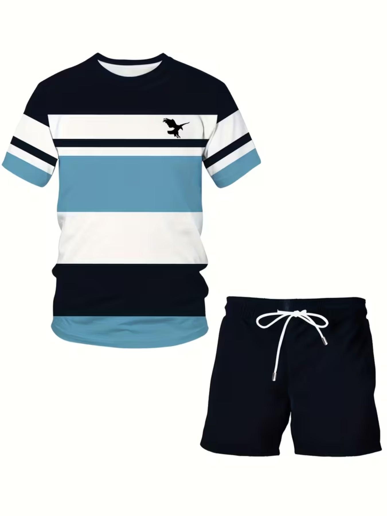 Men's Summer Casual Sportswear Set, Breathable 3D Print Round Neck T-Shirt and Shorts, Knitted Fabric, Loose Fit, Outdoor Leisure Wear, Sporty Style, Casual Activewear, Athleisure Street Fit