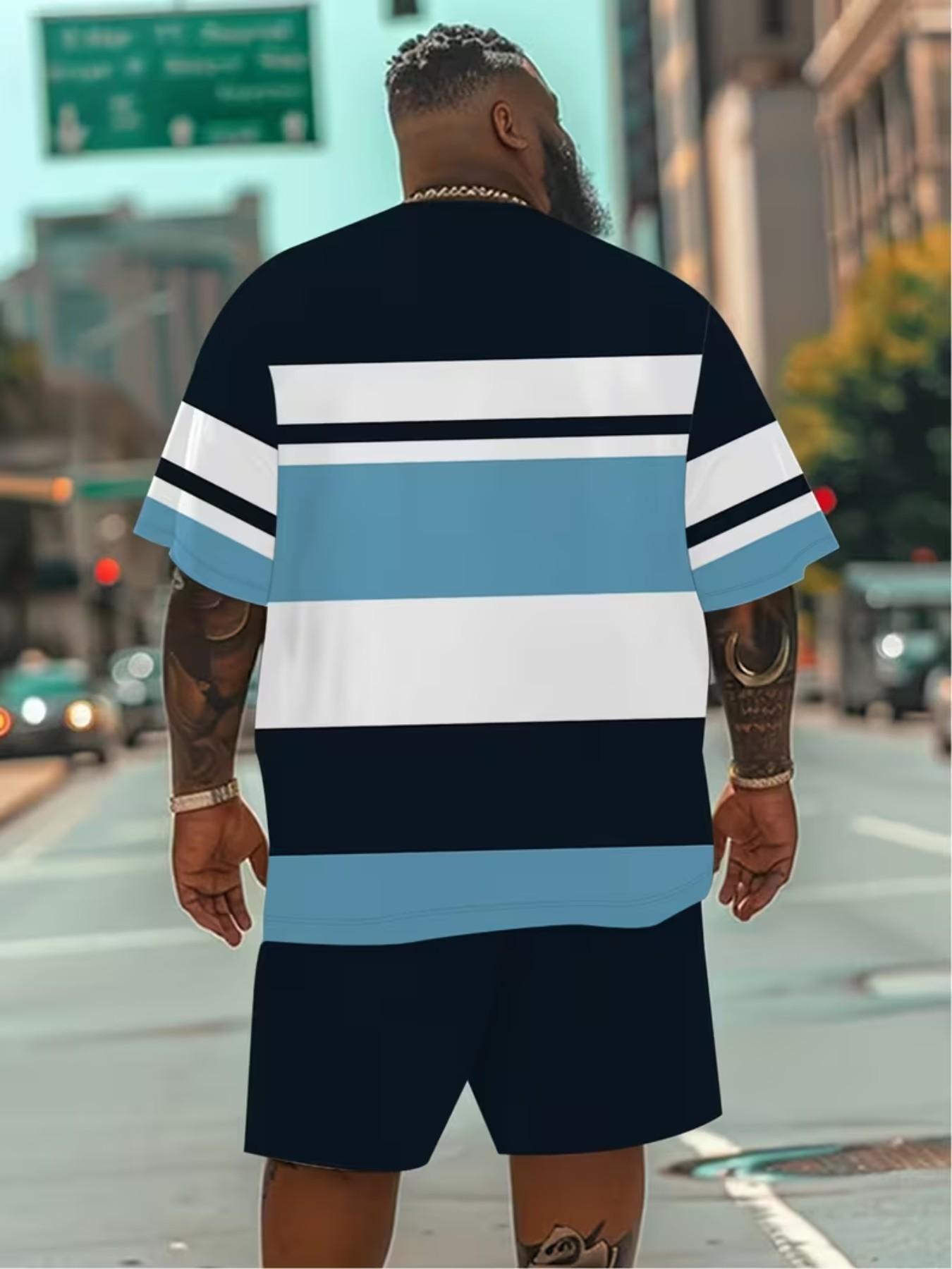 Men's Summer Casual Sportswear Set, Breathable 3D Print Round Neck T-Shirt and Shorts, Knitted Fabric, Loose Fit, Outdoor Leisure Wear, Sporty Style, Casual Activewear, Athleisure Street Fit