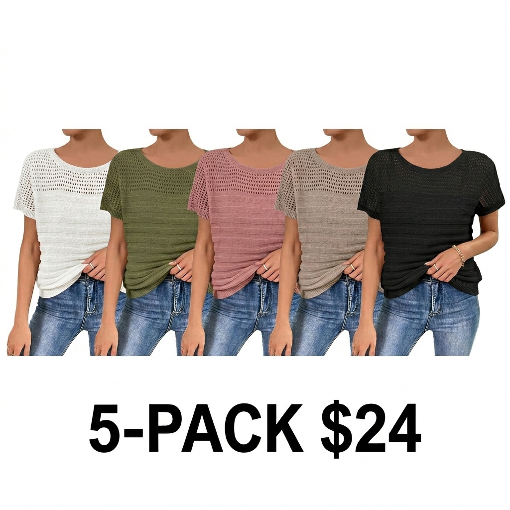 Women's Eyelet Hollow Out Knit Top – Fitted Short Sleeve Crewneck Summer Blouse