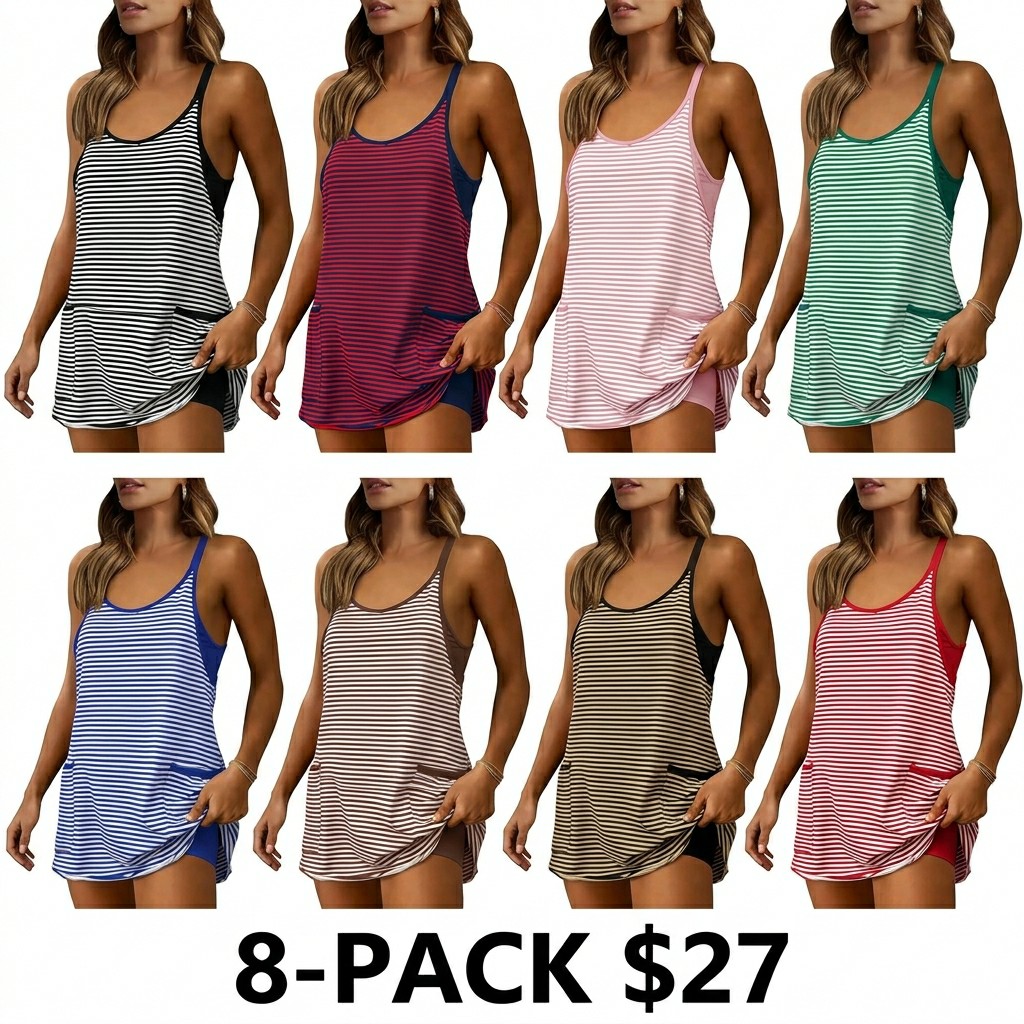 Women's 4th of July Striped Mini Dress – Built-in Shorts, Pockets, V Neck Spaghetti Strap