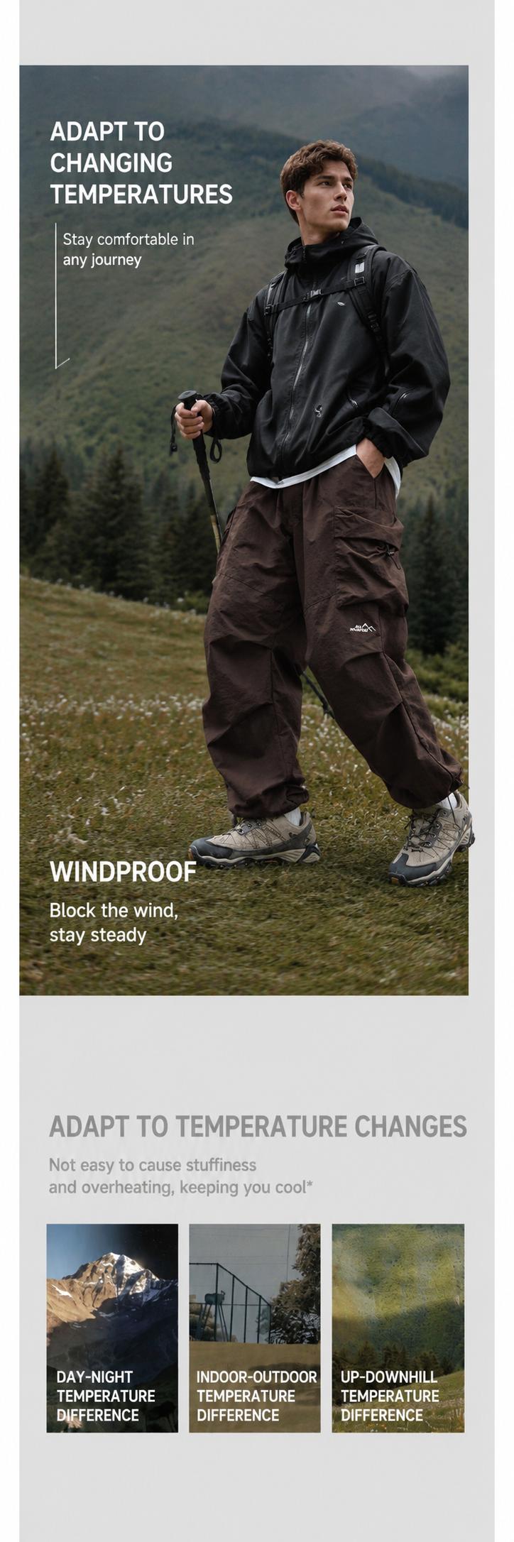 Unisex Baggy Cargo Parachute Pants, Lightweight Water-Resistant Outdoor Hiking Trousers, Loose-Fit Gorpcore Streetwear Pants for Men & Women Casual Elastic Waist Black