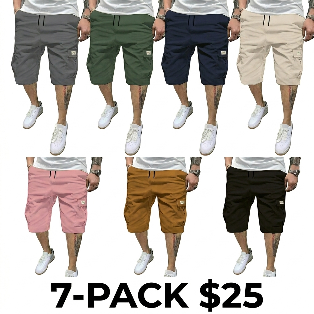 Men's 7-Pack Fitted Cargo Shorts – Elastic Drawstring, Slanted Multi-Pocket, Lightweight Summer Bottoms