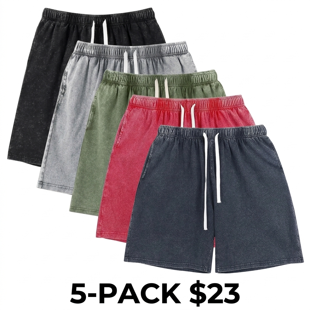 Unisex Acid Wash Cotton Sweat Shorts – Elastic Waist Drawstring Athletic Bottoms with Pockets