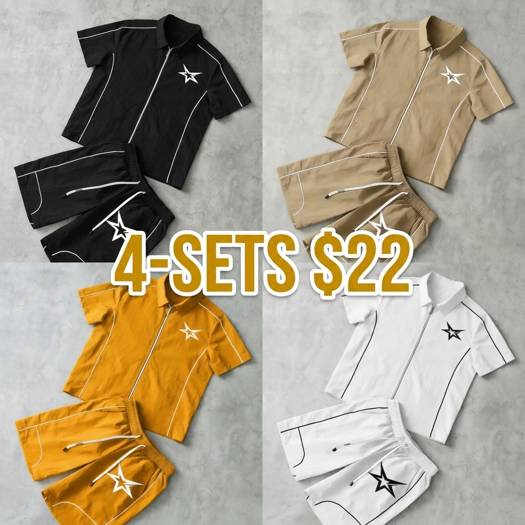 Stars Pattern Casual Set Short Sleeve Zipper Shirt + Gym Shorts Two-Piece Set, Breathable Comfort Spring Summer Daily Wear Activewear Set