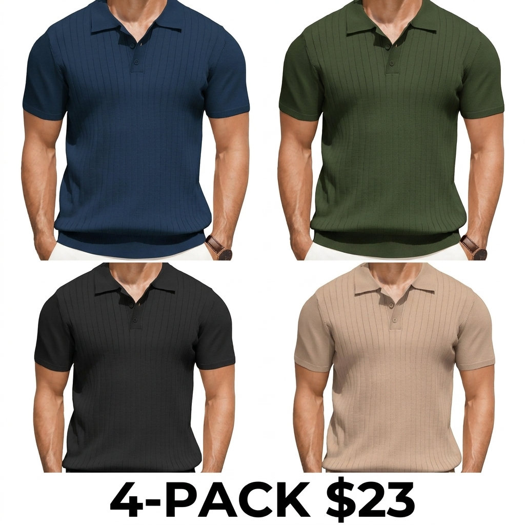 Men's Knit Polo Shirt – Short Sleeve Ribbed Knitted Summer Lightweight Casual Golf Top