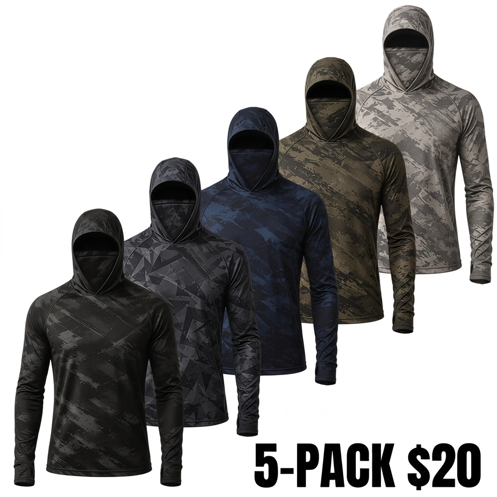 Men's 5-Pack Camouflage Balaclava Hoodie – UPF Sun Protection Long Sleeve Performance Tactical Shirt