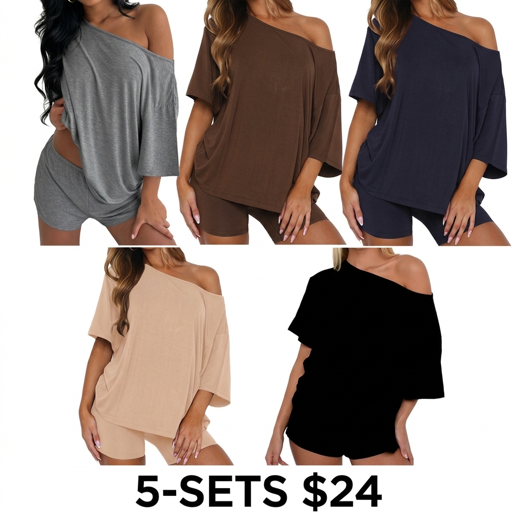 Women's Off Shoulder Lounge Set – Relaxed Top & Fitted Shorts 2-Piece Pajama Set