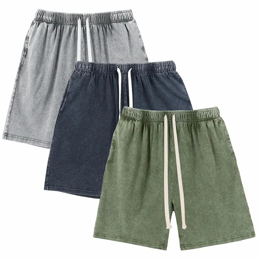 Unisex Acid Wash Cotton Sweat Shorts – Elastic Waist Drawstring Athletic Bottoms with Pockets