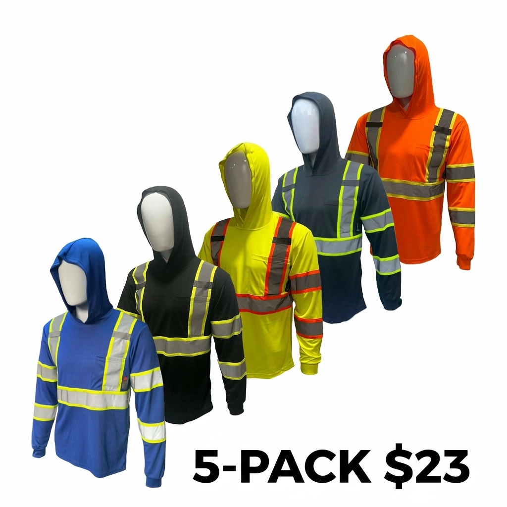 Men's 5-Pack High Visibility Safety Hoodie – Long Sleeve Mesh Shirt for Construction & Warehousing