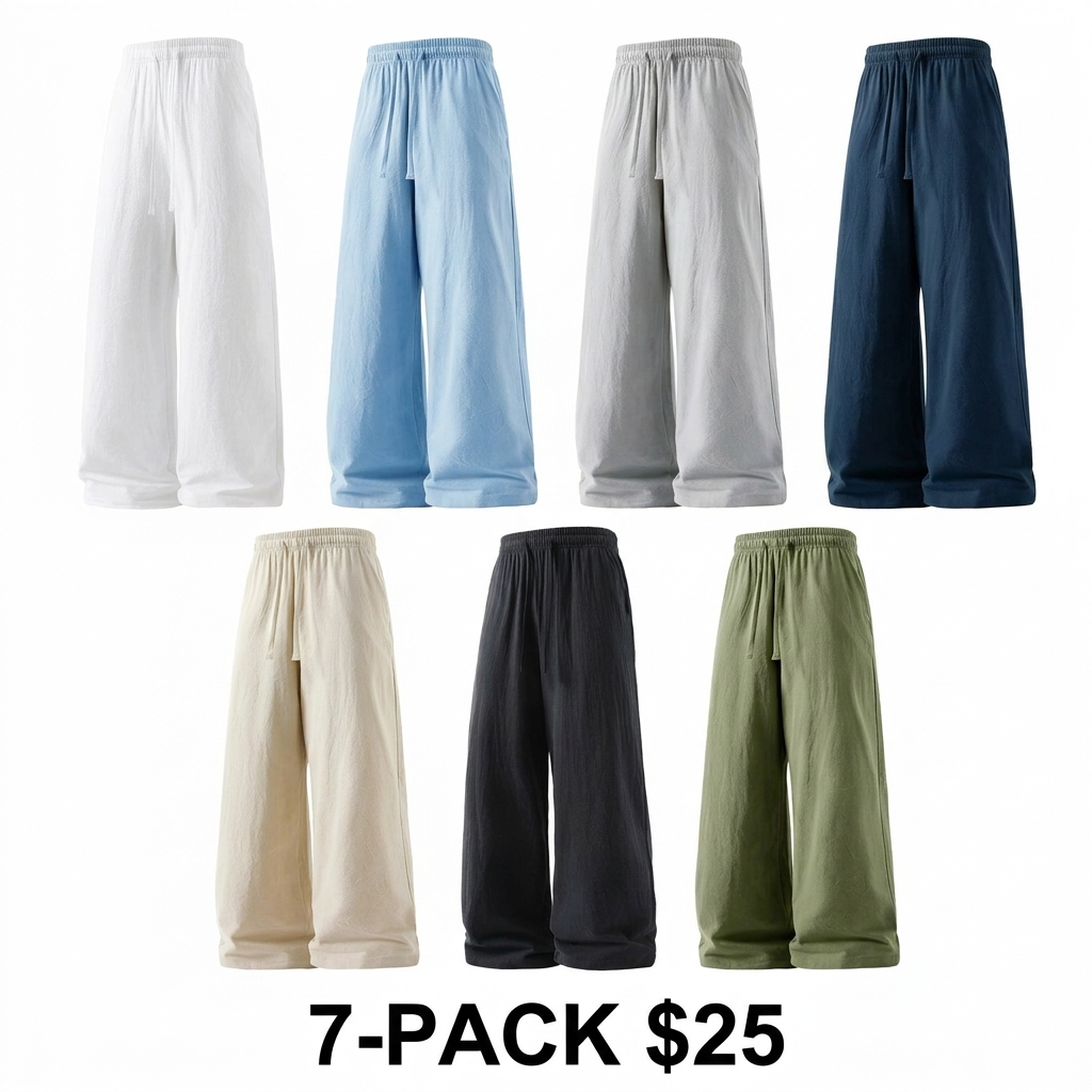 Men's 7-Pack Ultra-Soft Linen Cotton Pants – Loose Fit, Anti-Wrinkle, Everyday Wear & Work