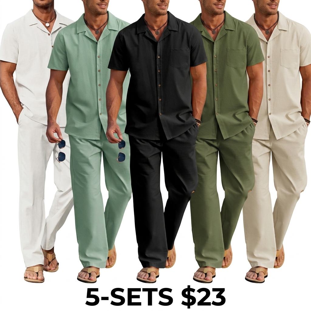 Men's 2-Pack Linen Beach Set – Camp Collar Button Down Shirt & Loose Drawstring Pants, Breathable Summer Outfit