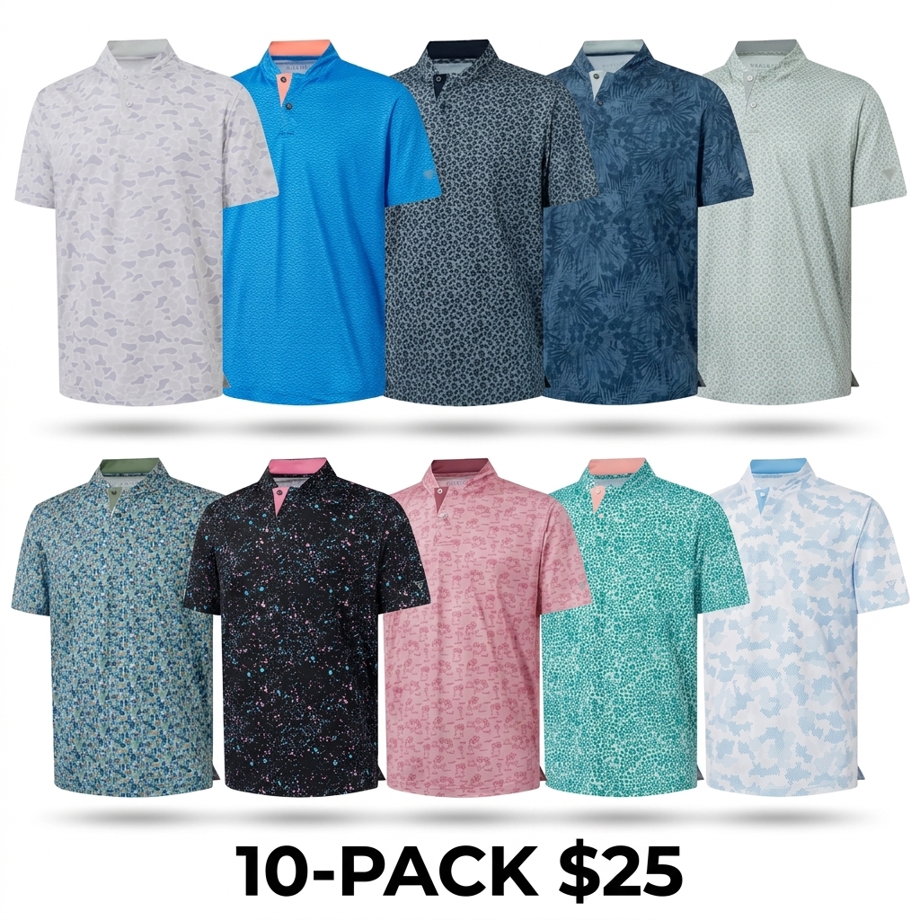Men's Collarless Performance Golf Shirt – Dry Fit Stretch Henley with Printed Design