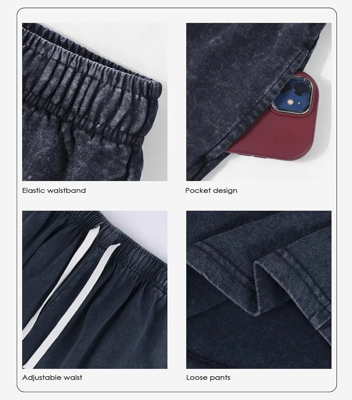 Unisex Acid Wash Cotton Sweat Shorts – Elastic Waist Drawstring Athletic Bottoms with Pockets