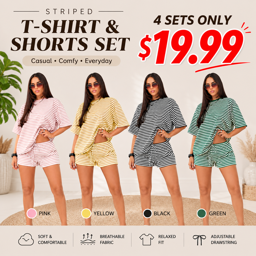 Women's Striped T-Shirt & Drawstring Shorts Set