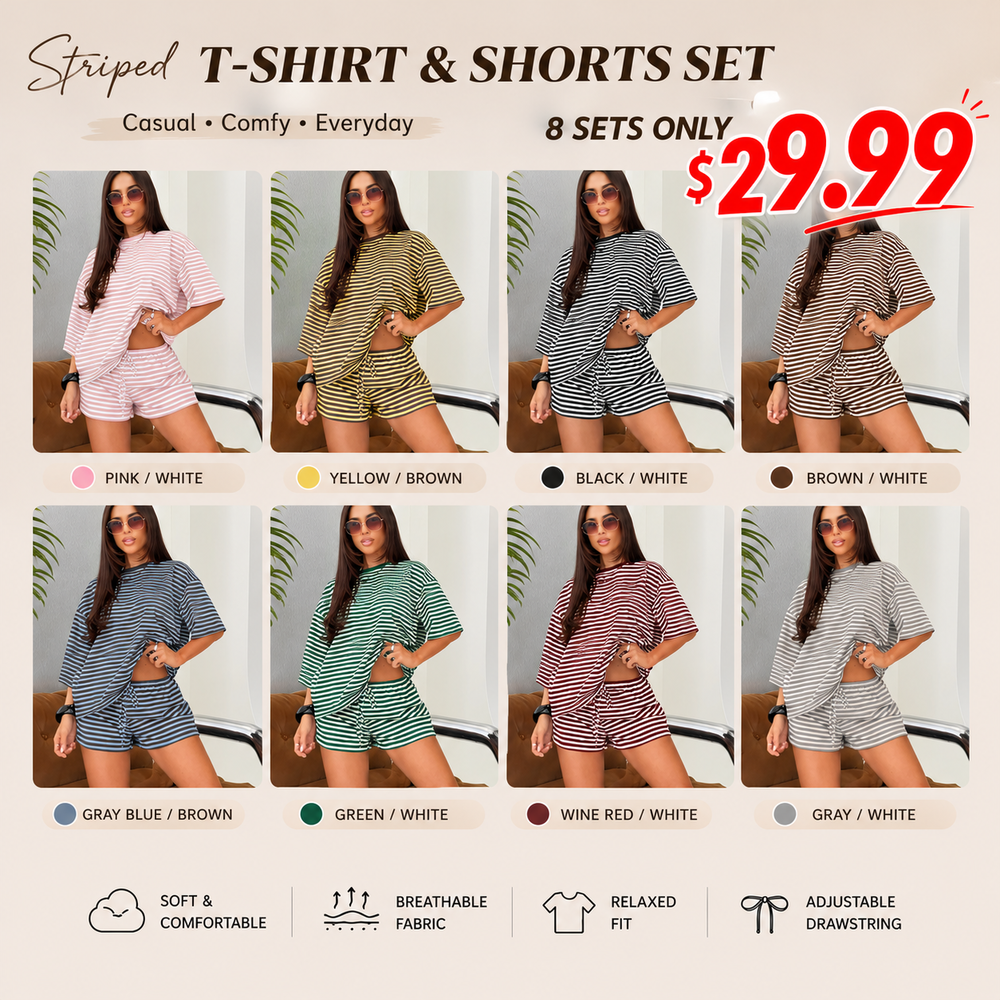 Women's Striped T-Shirt & Drawstring Shorts Set