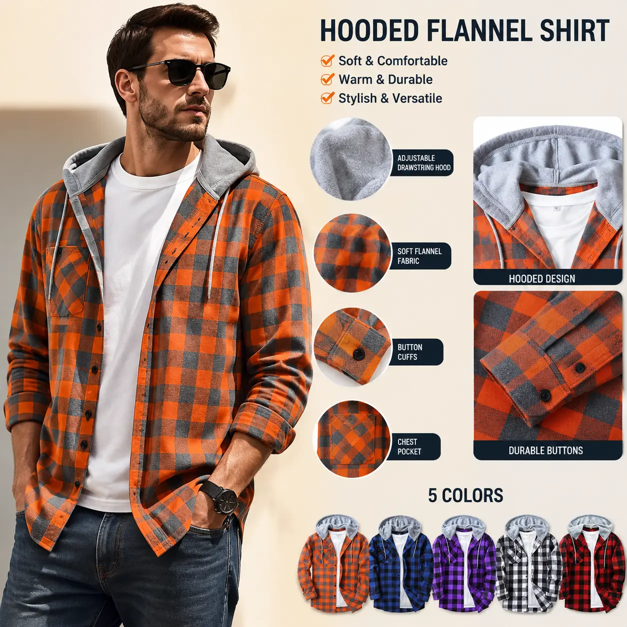 Men's Plaid Hooded Drawstring Jacket with Pockets