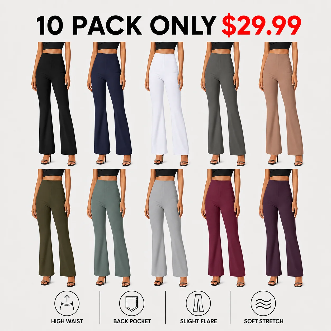 Women's Flex High Waisted Back Side Pocket Slight Flare Work Pants