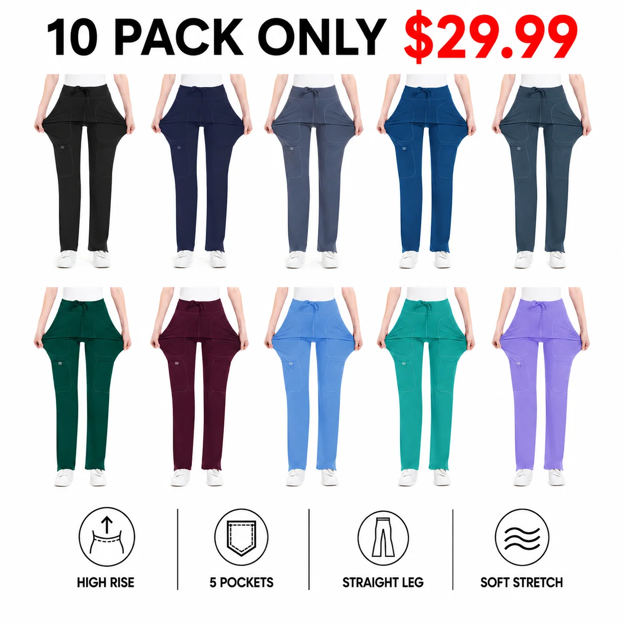 Women's Yoga Scrub Pants - 4-Way Stretch Work Pants with 5 Pockets