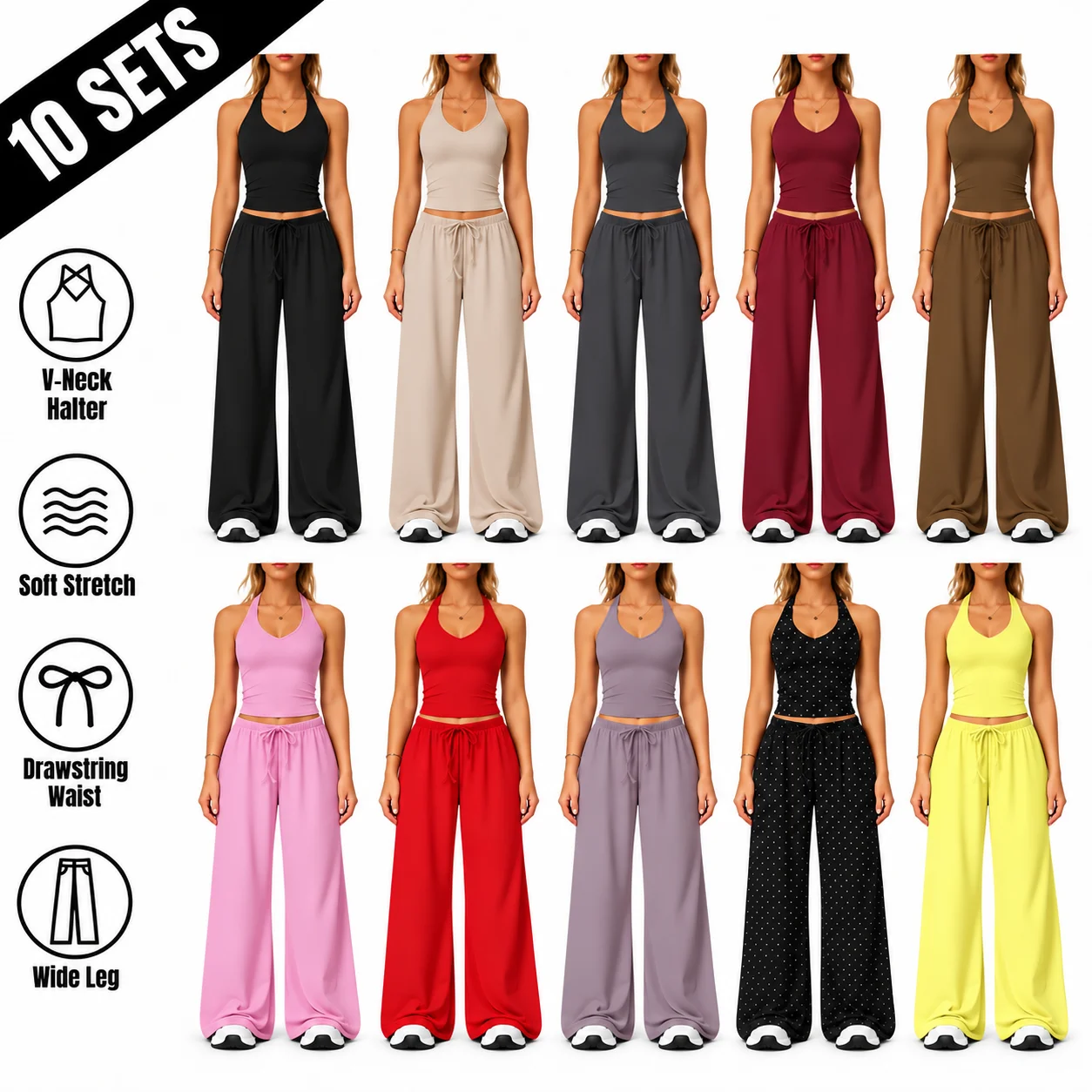 Women's 2-Piece Ribbed Athleisure Set with V-Neck Strappy Top & Wide Leg Pants