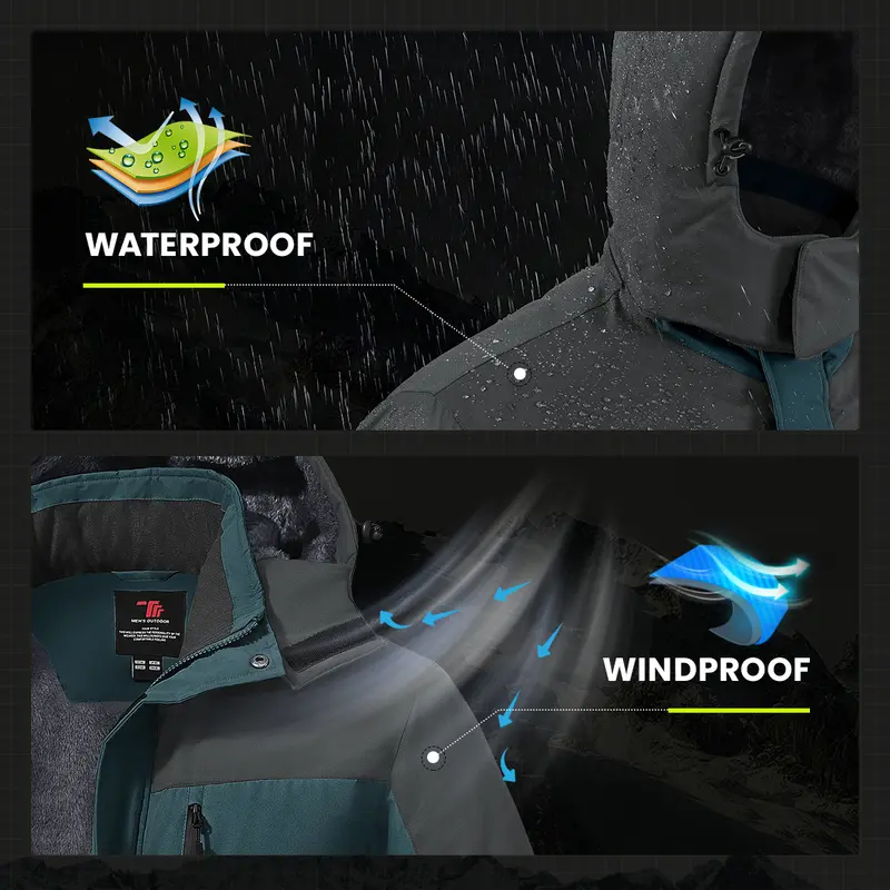 Men's Waterproof Windproof Fleece-Lined Insulated Ski Jacket with Detachable Hood & 5 Pockets