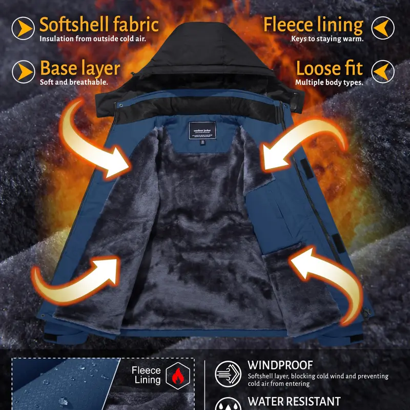 Men's Waterproof Wind-Resistant Fleece-Lined Ski & Hiking Jacket with Detachable Hood & Multi-Pockets