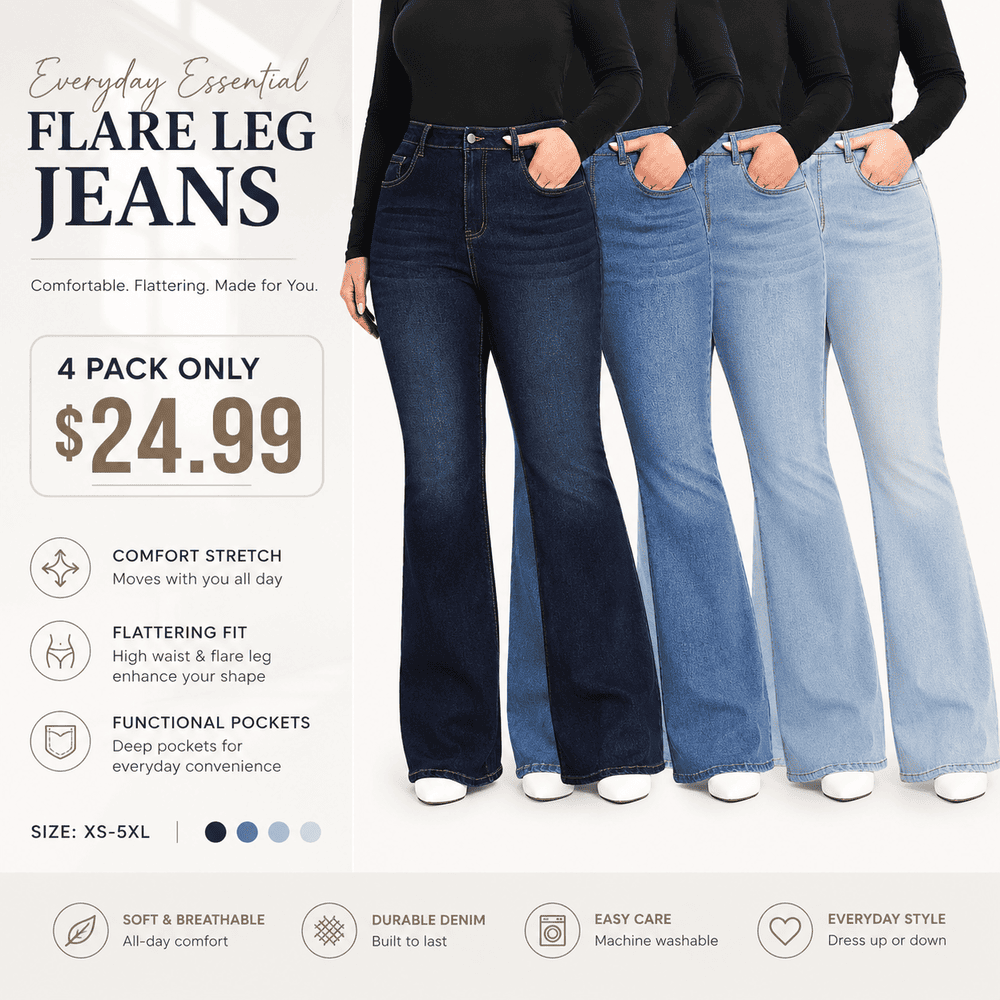Plus Size Plain Pocket Button Flare Leg Jeans