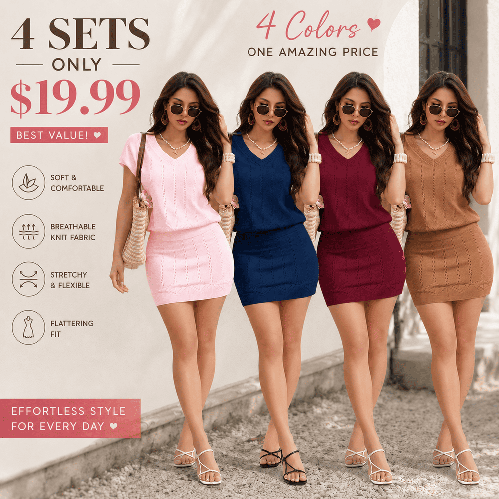 Women's V-Neck Knit Top & A-Line Skirt Set
