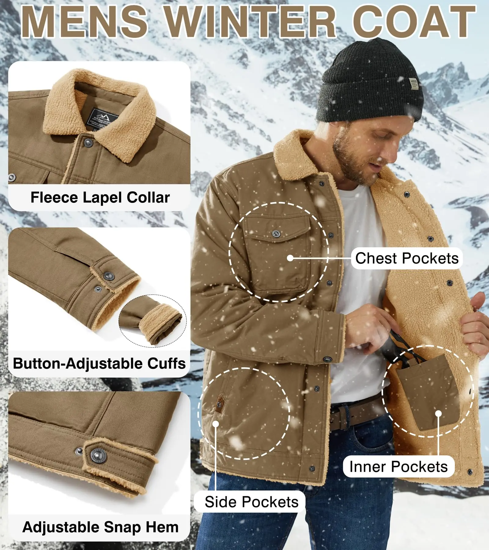 Men's Sherpa-Lined Cotton Trucker Cargo Jacket with Multi-Pockets
